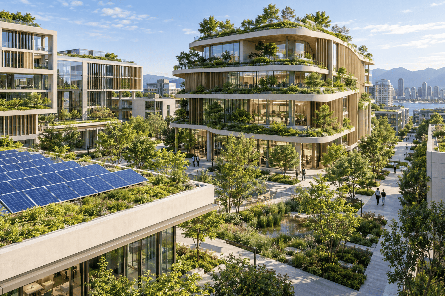 Modern green building with landscaped terraces and sustainable architecture