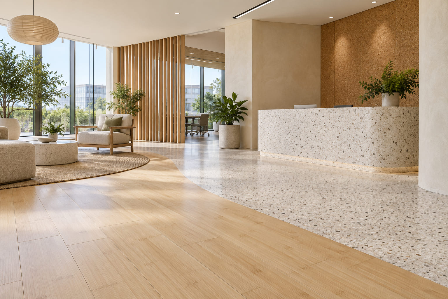 Sustainable interior with natural flooring and finishes